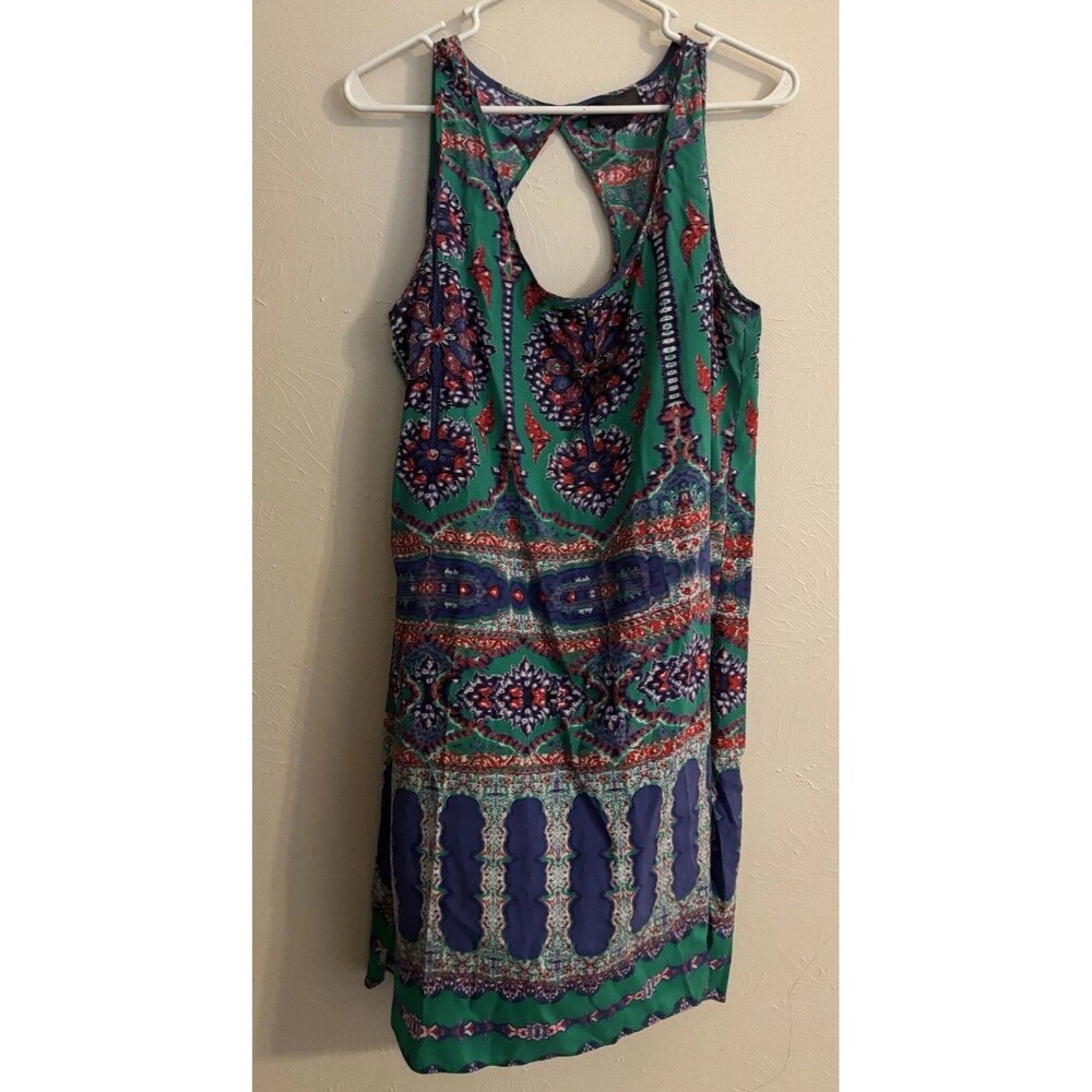Boho Medallion Print Sleeveless Mini Dress Green Purple Beaded Cutout Back Large